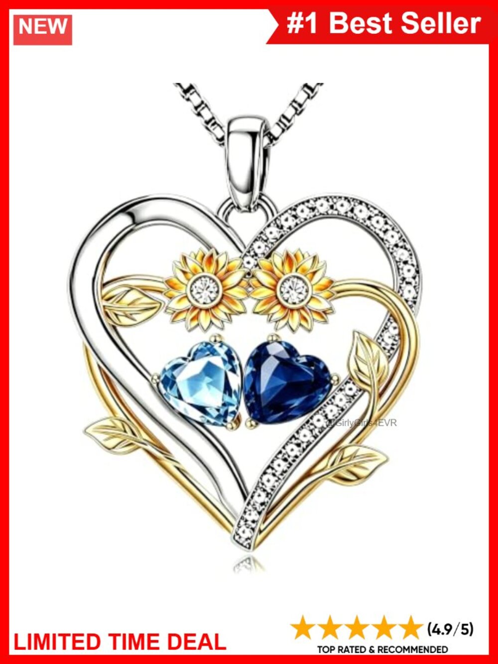 Gold Plated Sunflower Heart Double Birthstone Pendant Necklace